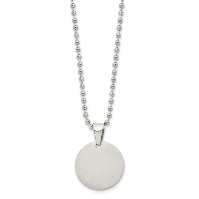 A silver ball chain necklace with a plain circular disc pendant hanging from a connector loop.