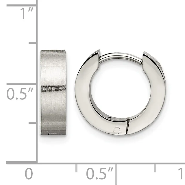 Pair of polished silver-toned chunky hoop earrings with a brushed finish band, shown next to a ruler indicating approximately 0.5 inches in width and 1 inch in height.