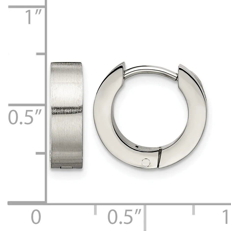 Pair of polished silver-toned chunky hoop earrings with a brushed finish band, shown next to a ruler indicating approximately 0.5 inches in width and 1 inch in height.