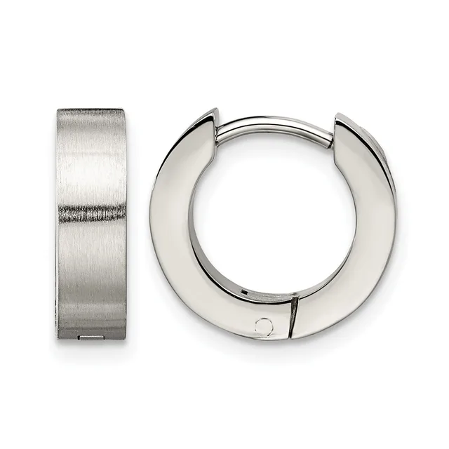 A pair of polished silver huggie hoop earrings with a brushed finish, shown from the front and side view.