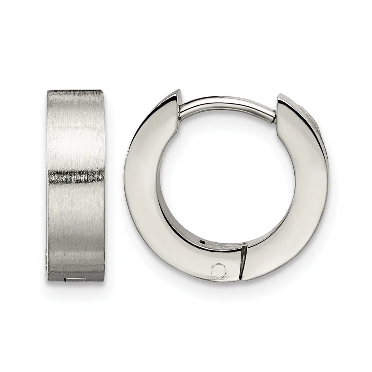 A pair of polished silver huggie hoop earrings with a brushed finish, shown from the front and side view.