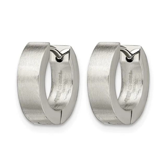A pair of polished silver huggie hoop earrings with a brushed finish, shown from the front with hinged closures visible at the top.