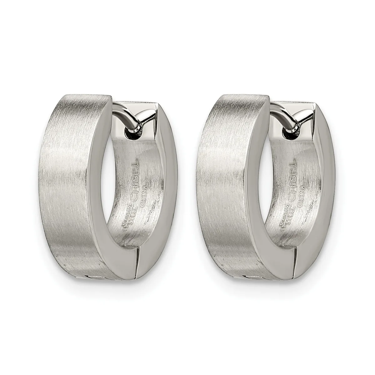 A pair of polished silver huggie hoop earrings with a brushed finish, shown from the front with hinged closures visible at the top.