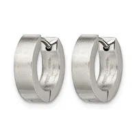 A pair of polished silver huggie hoop earrings with a brushed finish, shown from the front with hinged closures visible at the top.