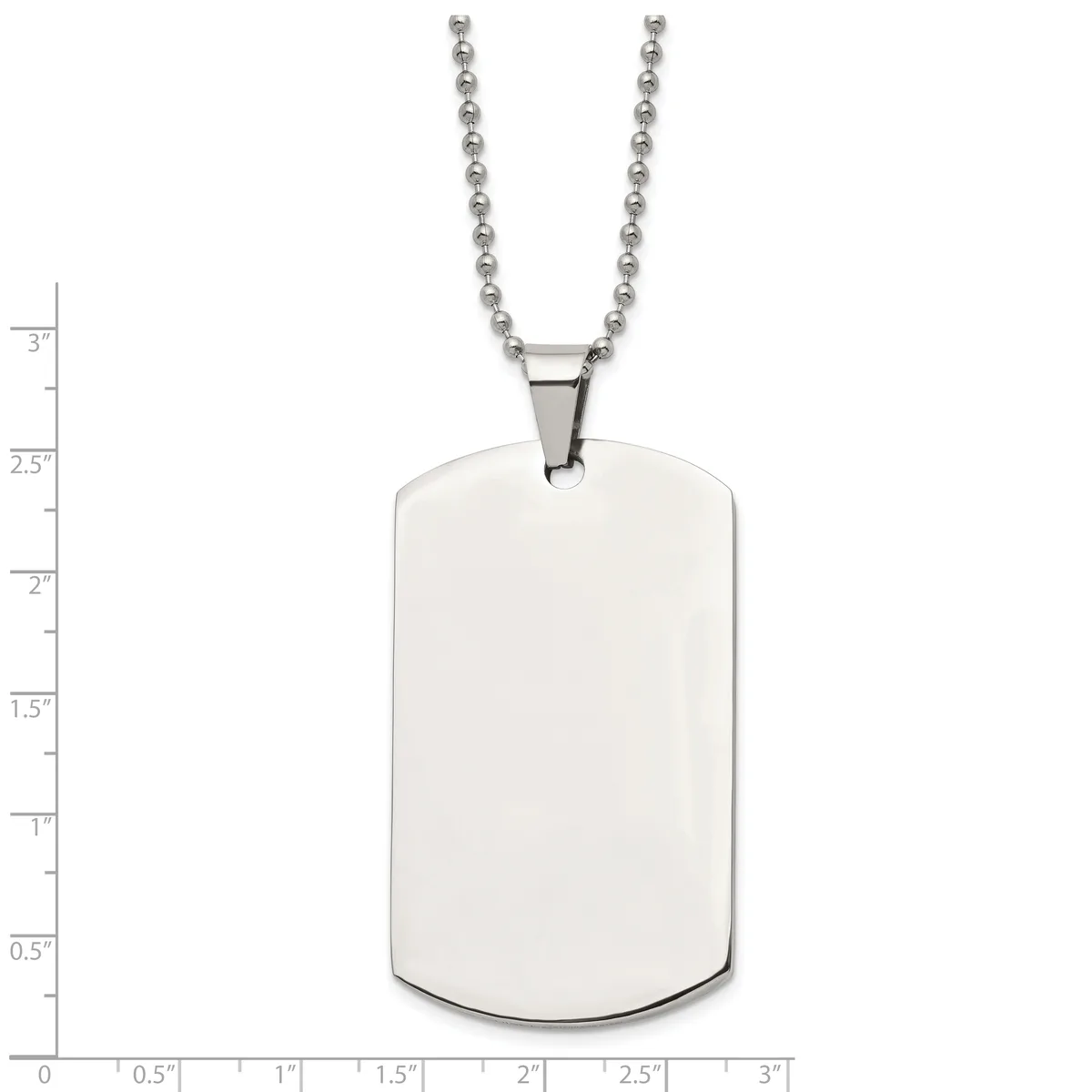 A stainless steel dog tag pendant with rounded corners hangs from a ball chain, shown against a measurement scale indicating its size is approximately 2.5 inches tall and 1.5 inches wide.