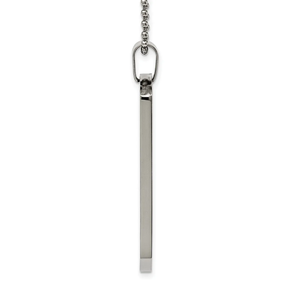 A silver-toned rectangular pendant hanging from a beaded chain with an oval loop connector at the top.