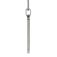 A silver-toned rectangular pendant hanging from a beaded chain with an oval loop connector at the top.
