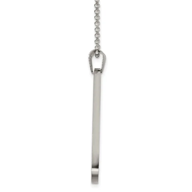 A silver pendant necklace with a rectangular bar hanging from a small loop connector on a delicate chain.