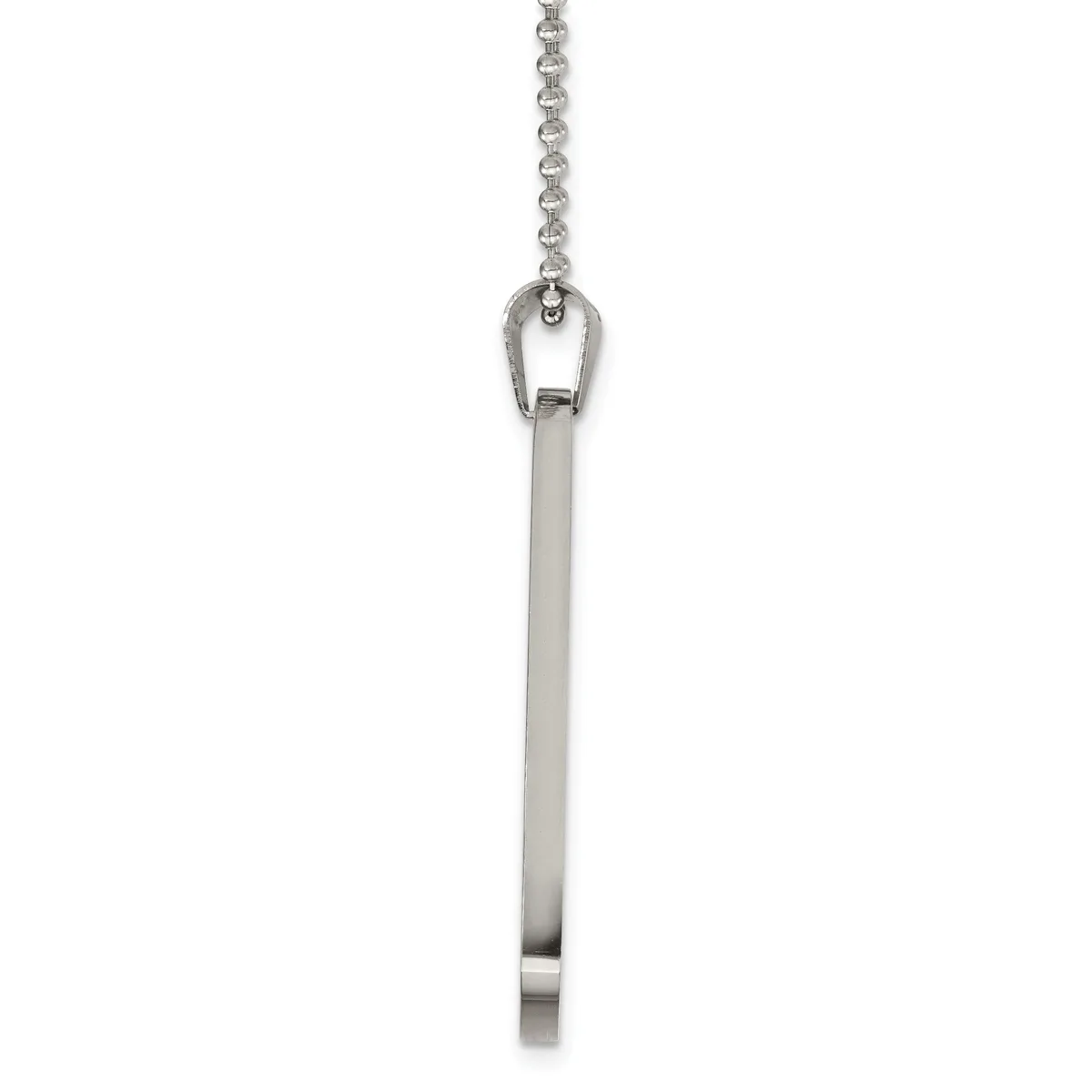 A silver pendant necklace with a rectangular bar hanging from a small loop connector on a delicate chain.