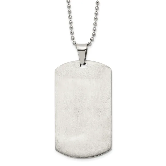 A brushed stainless steel dog tag pendant hanging from a beaded chain necklace against a white background.