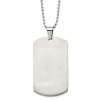 A brushed stainless steel dog tag pendant hanging from a beaded chain necklace against a white background.