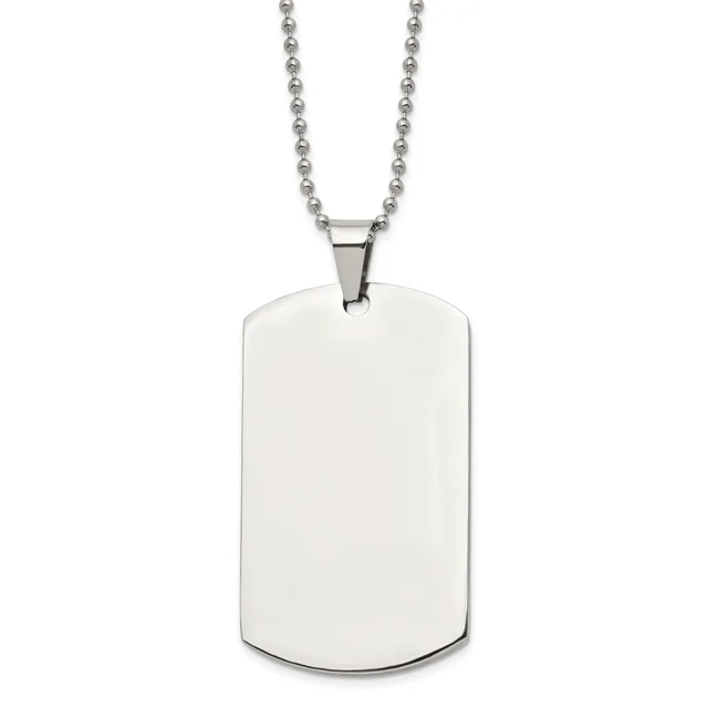 A polished stainless steel dog tag pendant with rounded corners hangs from a ball chain necklace against a white background.