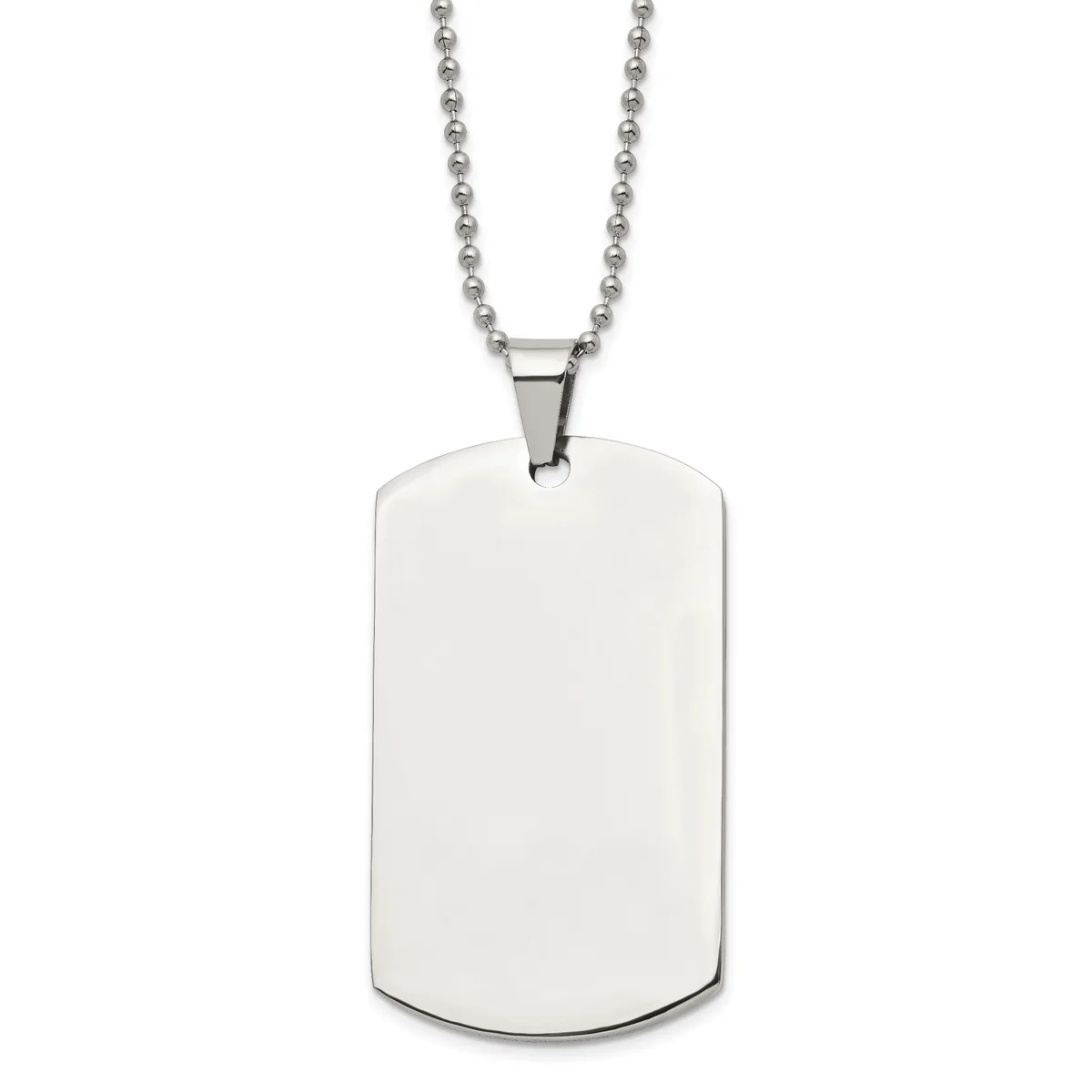 A polished stainless steel dog tag pendant with rounded corners hangs from a ball chain necklace against a white background.