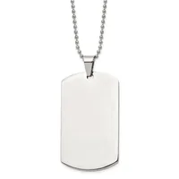 A polished stainless steel dog tag pendant with rounded corners hangs from a ball chain necklace against a white background.