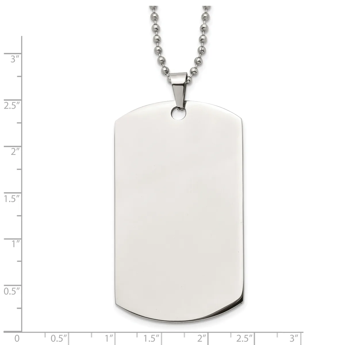 A blank stainless steel dog tag pendant with rounded corners hanging from a beaded chain, shown against a measurement scale.