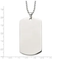 A blank stainless steel dog tag pendant with rounded corners hanging from a beaded chain, shown against a measurement scale.
