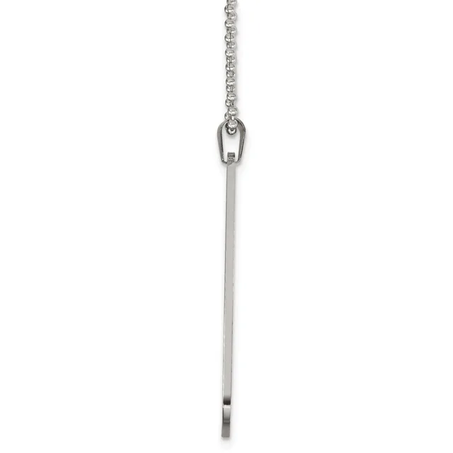 A vertical silver bar pendant hanging from a delicate chain with a small loop connector at the top.