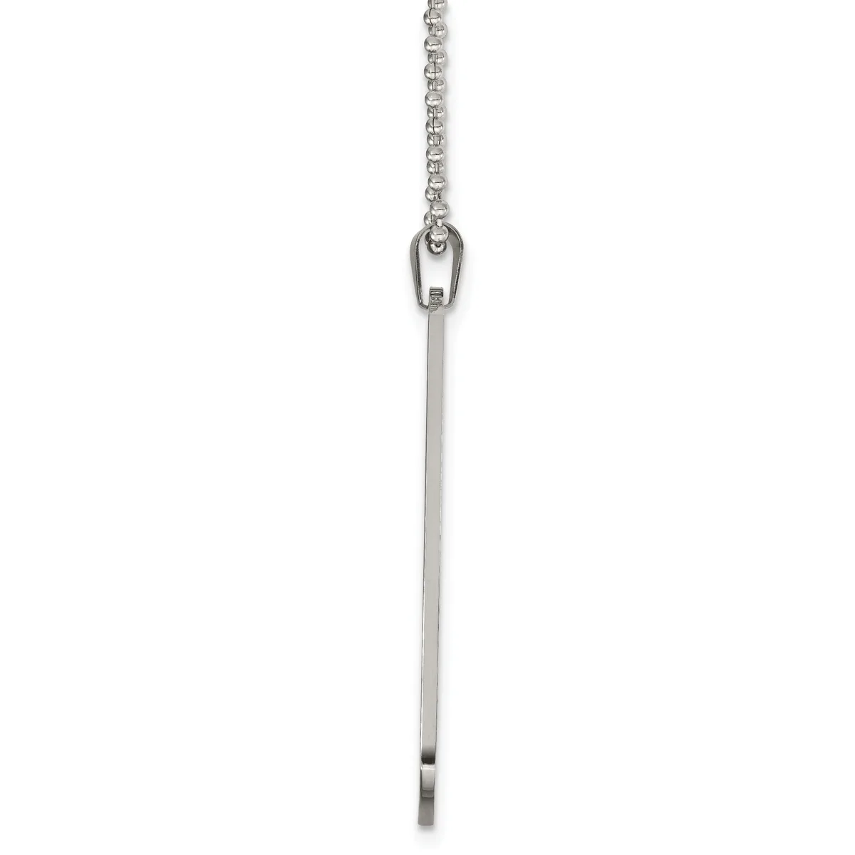 A vertical silver bar pendant hanging from a delicate chain with a small loop connector at the top.