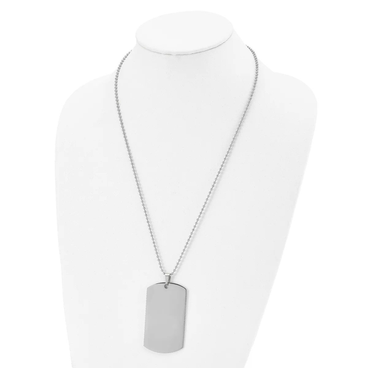 Silver-toned stainless steel dog tag pendant necklace displayed on a white mannequin bust.