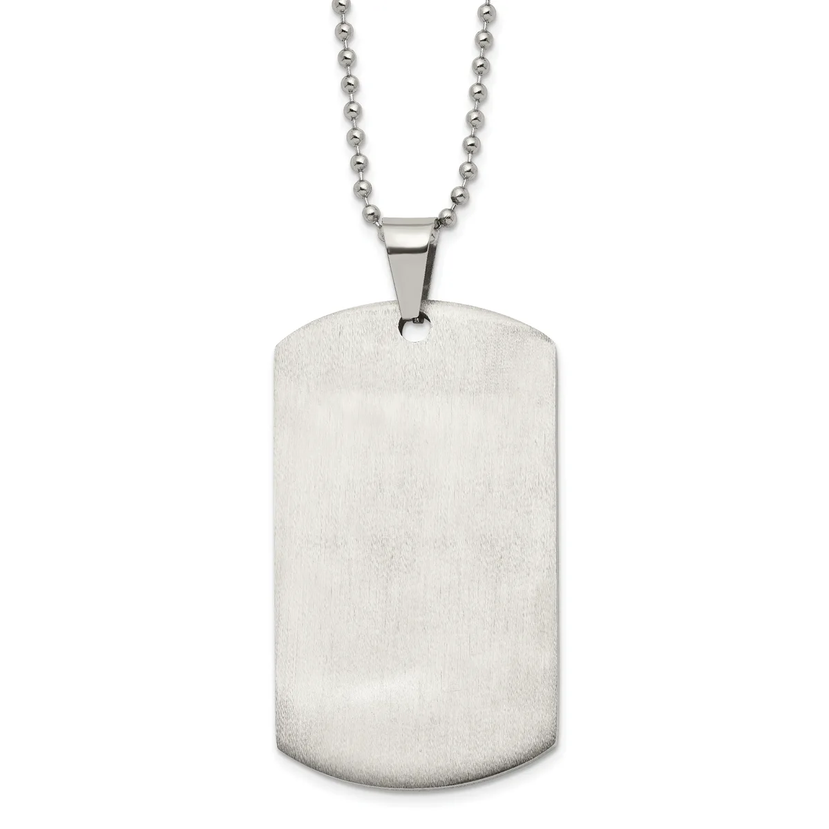 A stainless steel dog tag pendant with a brushed finish hangs from a beaded chain.