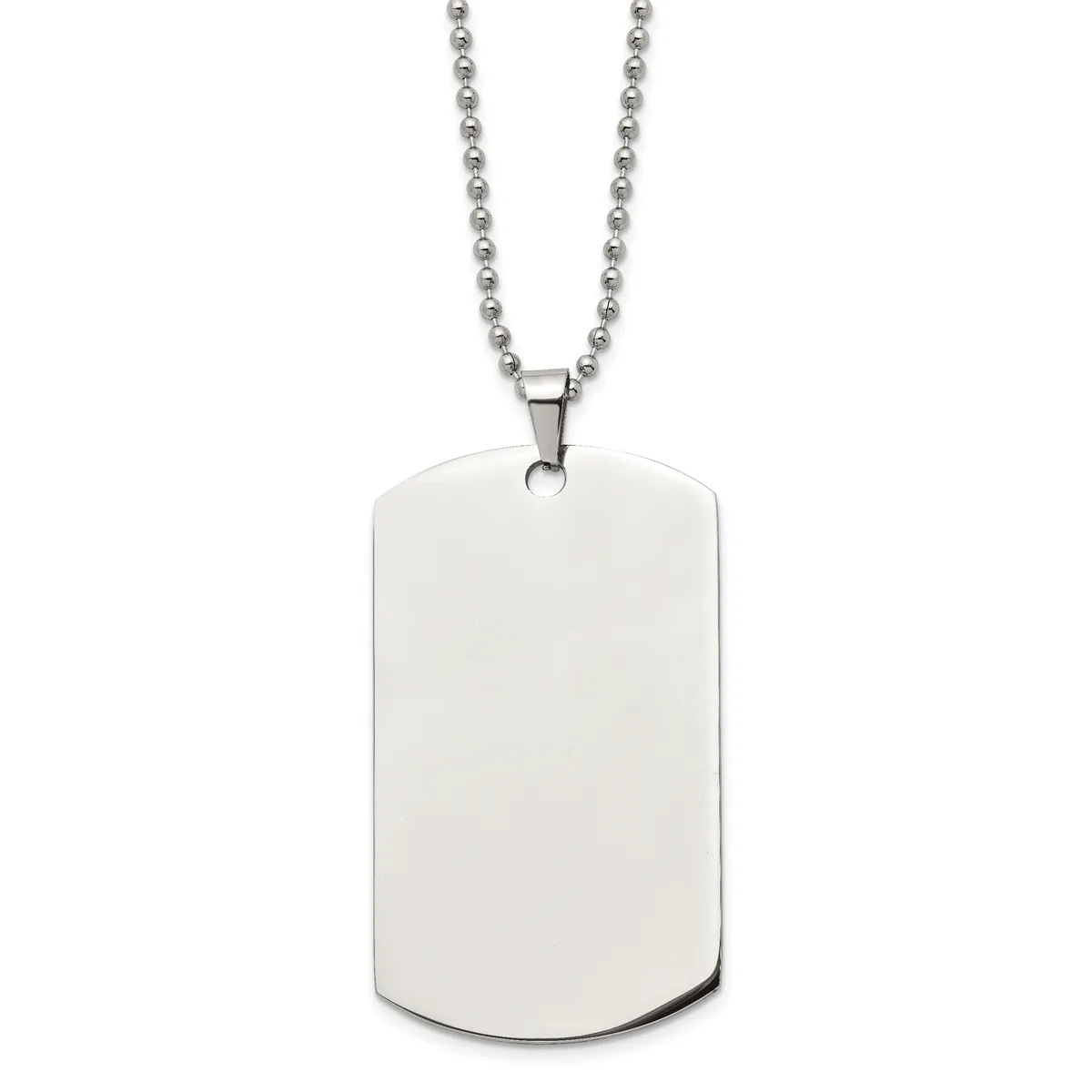 A polished stainless steel dog tag pendant with rounded corners hangs from a ball chain necklace.