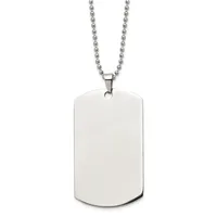A polished stainless steel dog tag pendant with rounded corners hangs from a ball chain necklace.