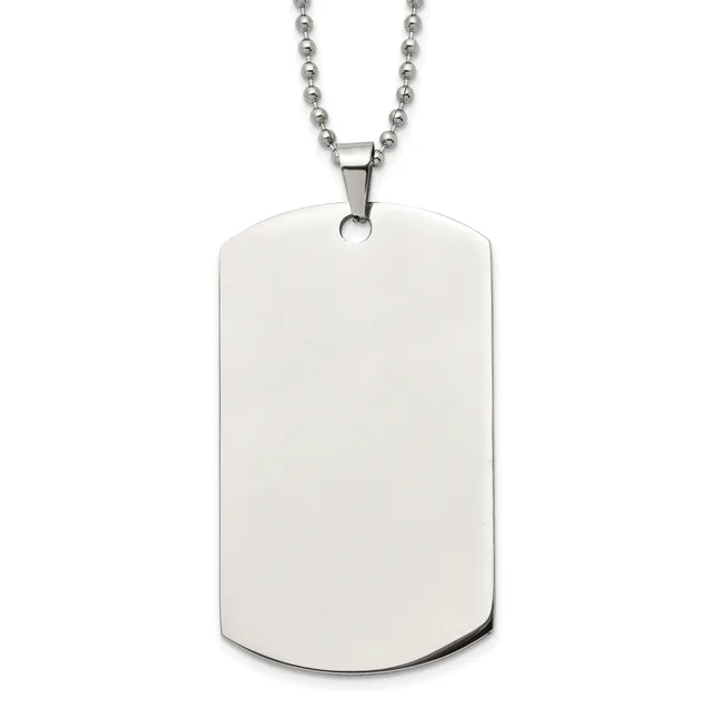 A polished stainless steel dog tag pendant with rounded corners hanging from a beaded chain.