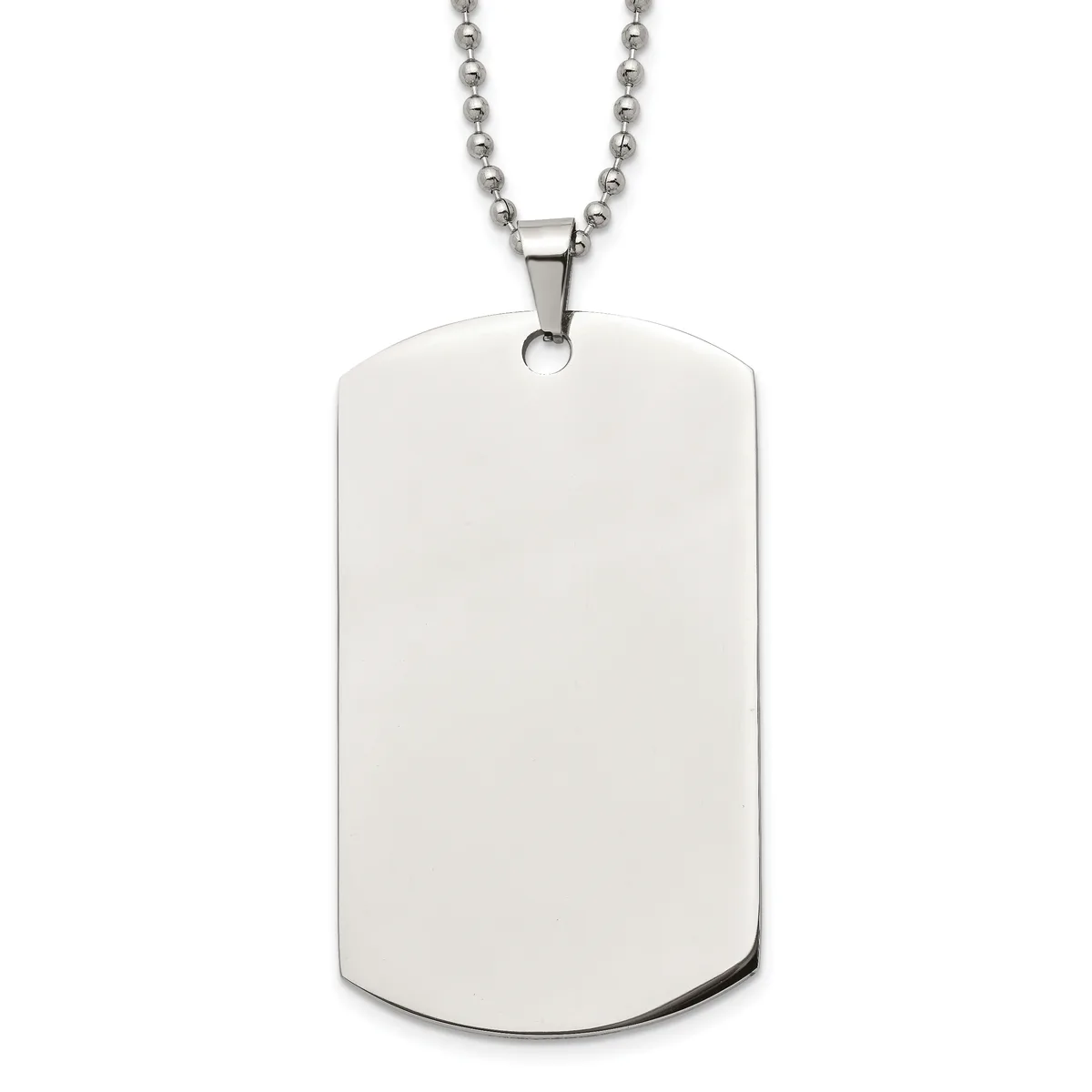 A polished stainless steel dog tag pendant with rounded corners hanging from a beaded chain.