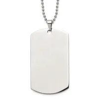 A polished stainless steel dog tag pendant with rounded corners hanging from a beaded chain.