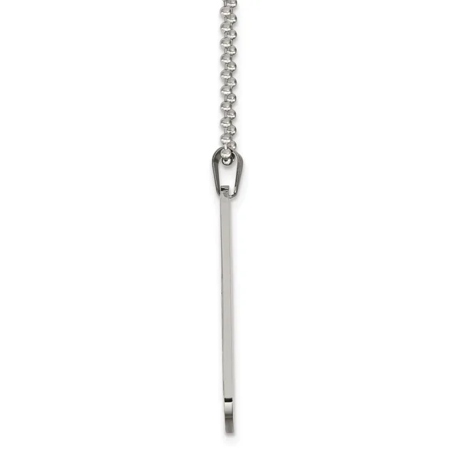 A silver chain necklace with an open clasp at the top and a long rectangular pendant hanging below against a white background.