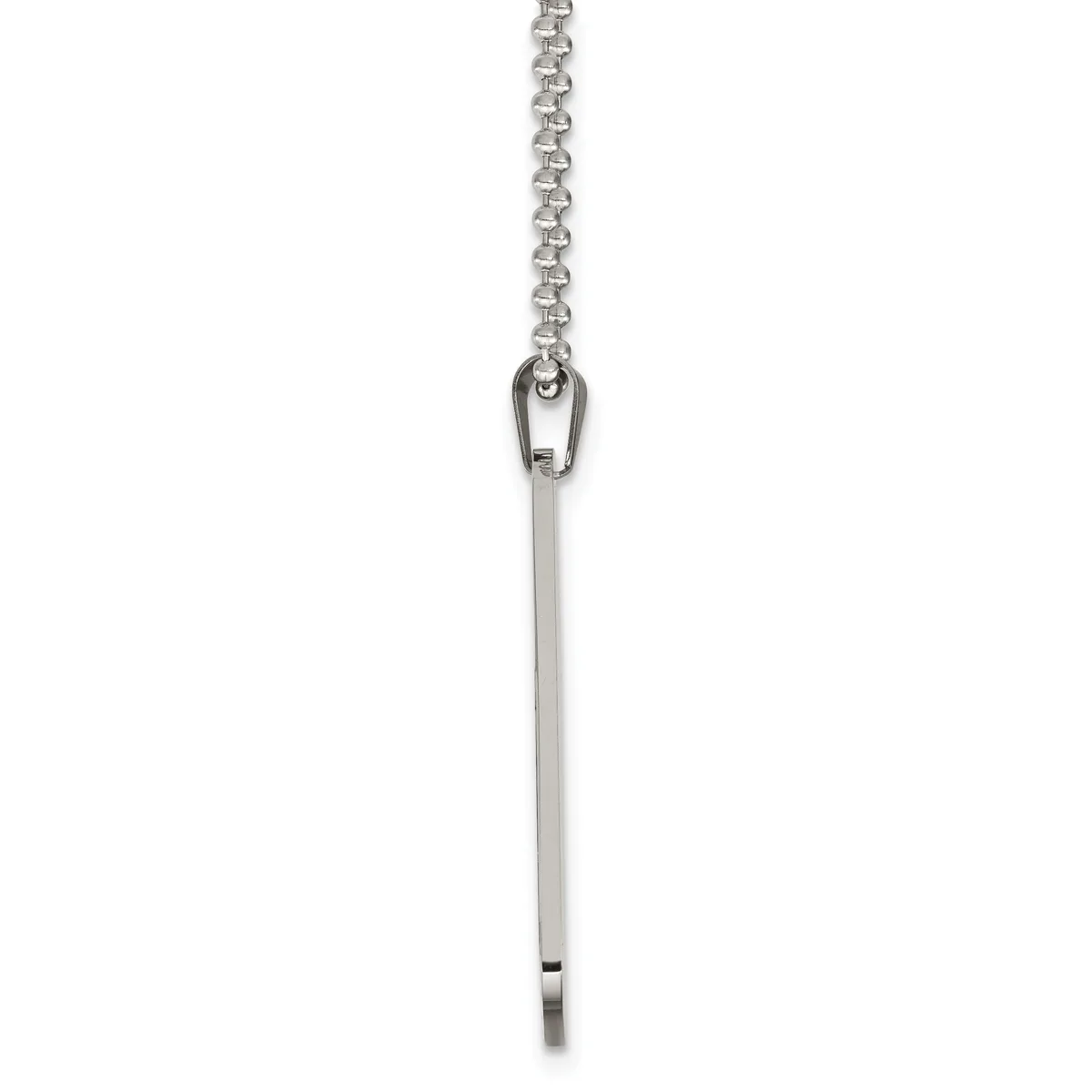 A silver chain necklace with an open clasp at the top and a long rectangular pendant hanging below against a white background.