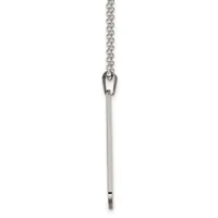 A silver chain necklace with an open clasp at the top and a long rectangular pendant hanging below against a white background.