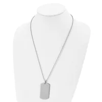 Silver-toned rectangular dog tag pendant hanging from a thin chain necklace, displayed on a white mannequin bust.