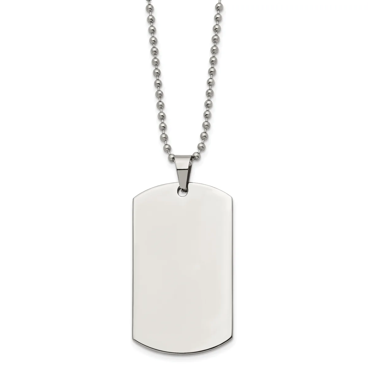 A stainless steel dog tag pendant hangs from a ball chain necklace against a white background.