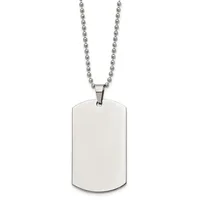 A stainless steel dog tag pendant hangs from a ball chain necklace against a white background.
