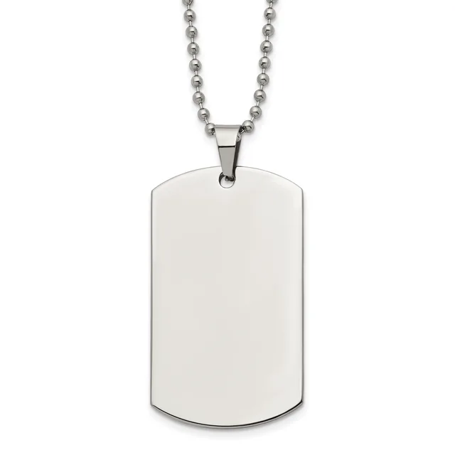 A stainless steel dog tag pendant with rounded corners hangs from a beaded chain against a white background.