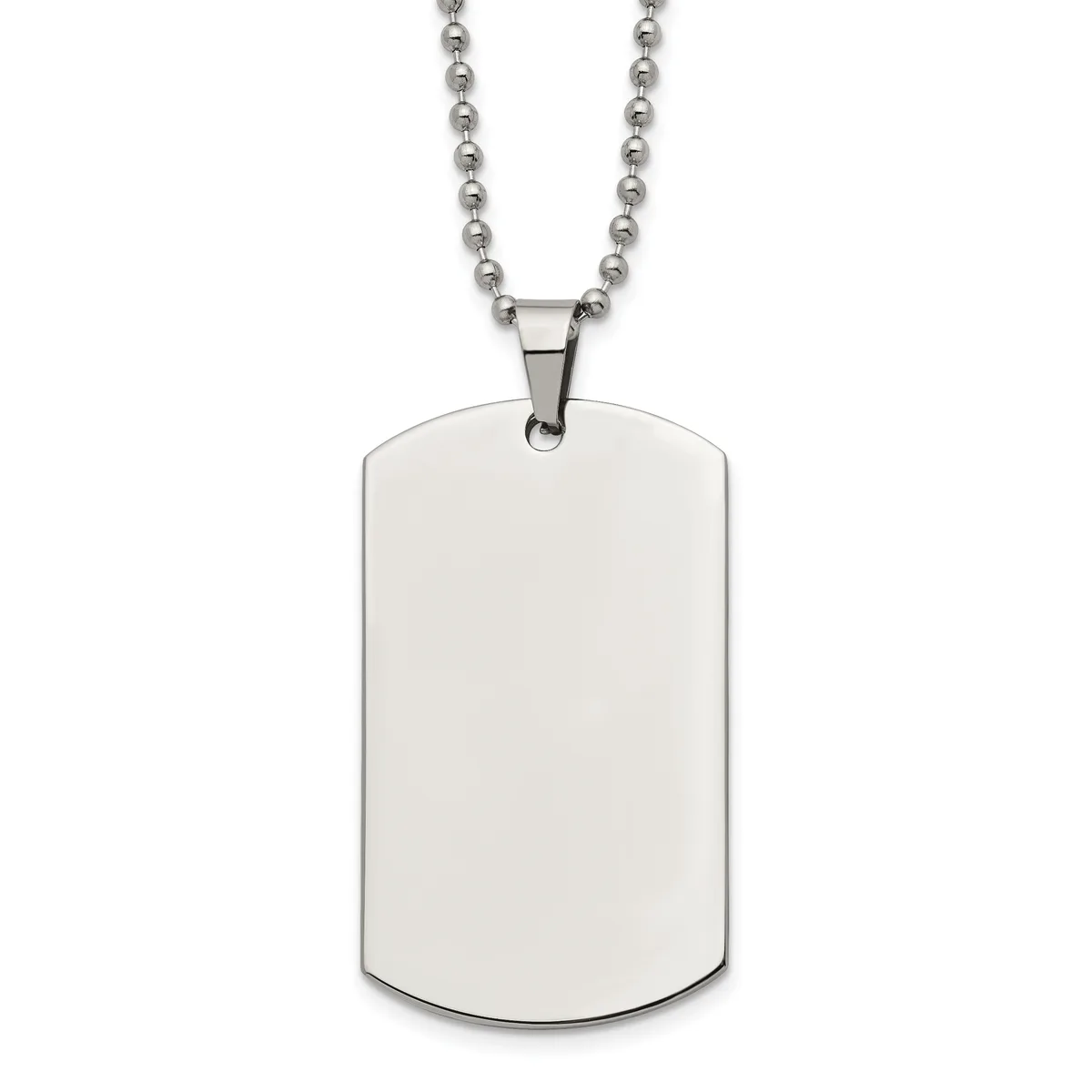 A stainless steel dog tag pendant with rounded corners hangs from a beaded chain against a white background.