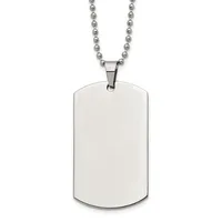 A stainless steel dog tag pendant with rounded corners hangs from a beaded chain against a white background.