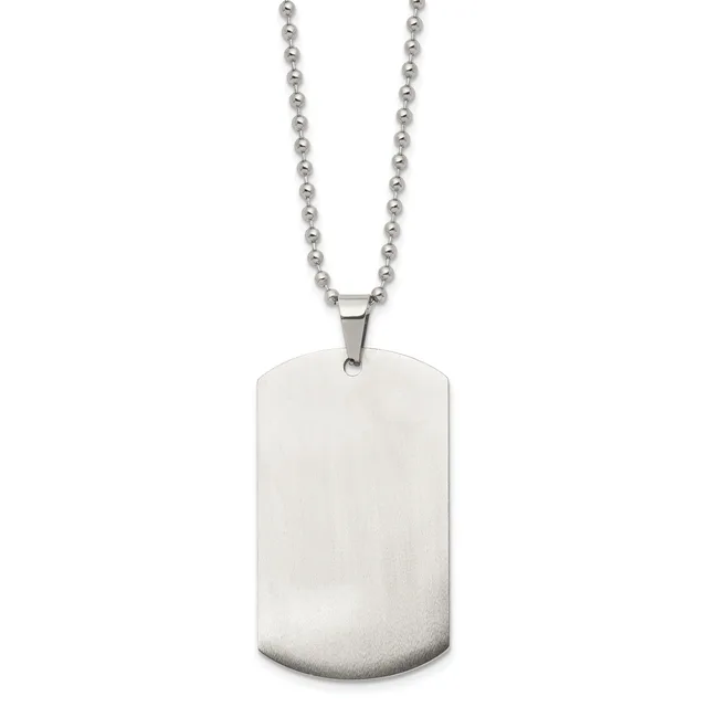 A polished stainless steel dog tag pendant with rounded corners hangs from a matching ball chain necklace.