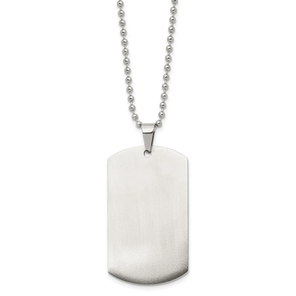A polished stainless steel dog tag pendant with rounded corners hangs from a matching ball chain necklace.