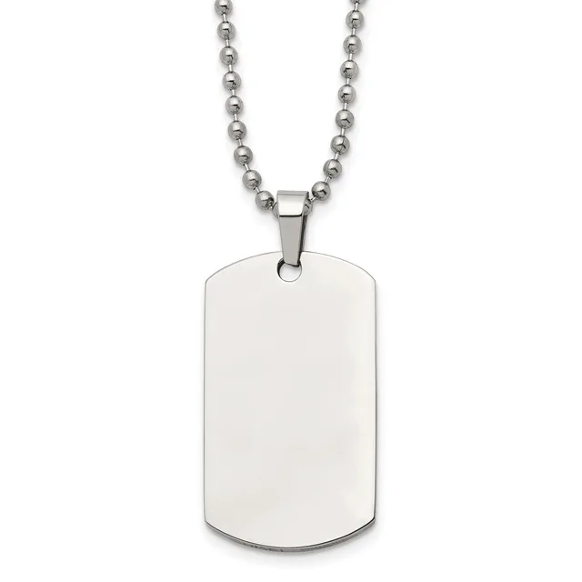 A stainless steel dog tag pendant with rounded corners hangs from a matching ball chain necklace.