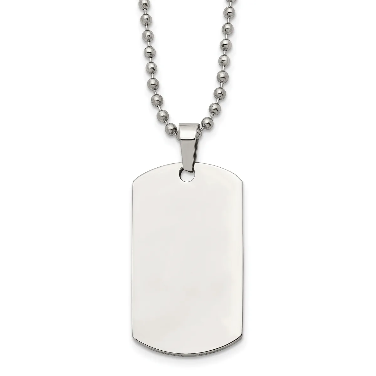 A stainless steel dog tag pendant with rounded corners hangs from a matching ball chain necklace.