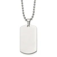 A stainless steel dog tag pendant with rounded corners hangs from a matching ball chain necklace.