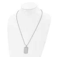 A silver-toned stainless steel necklace with a box chain and rectangular dog tag pendant displayed on a white bust form.