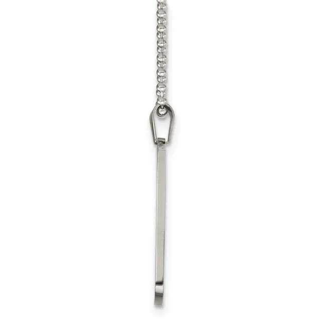 A silver chain necklace with a small carabiner clip at the top and a plain cylindrical pendant hanging from it.