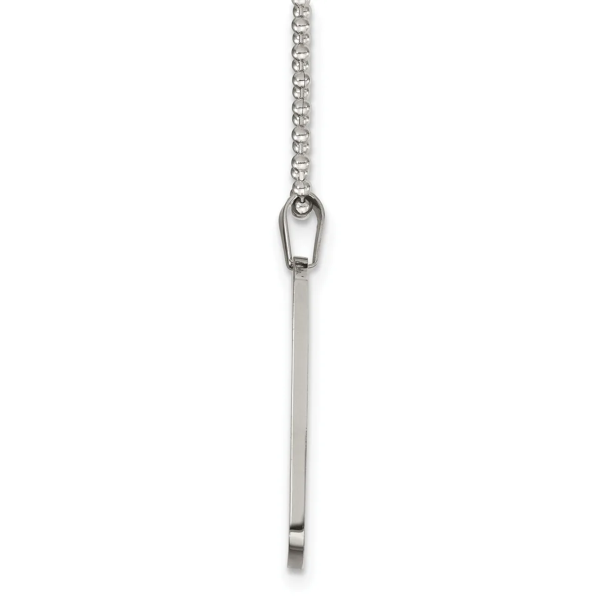 A silver chain necklace with a small carabiner clip at the top and a plain cylindrical pendant hanging from it.