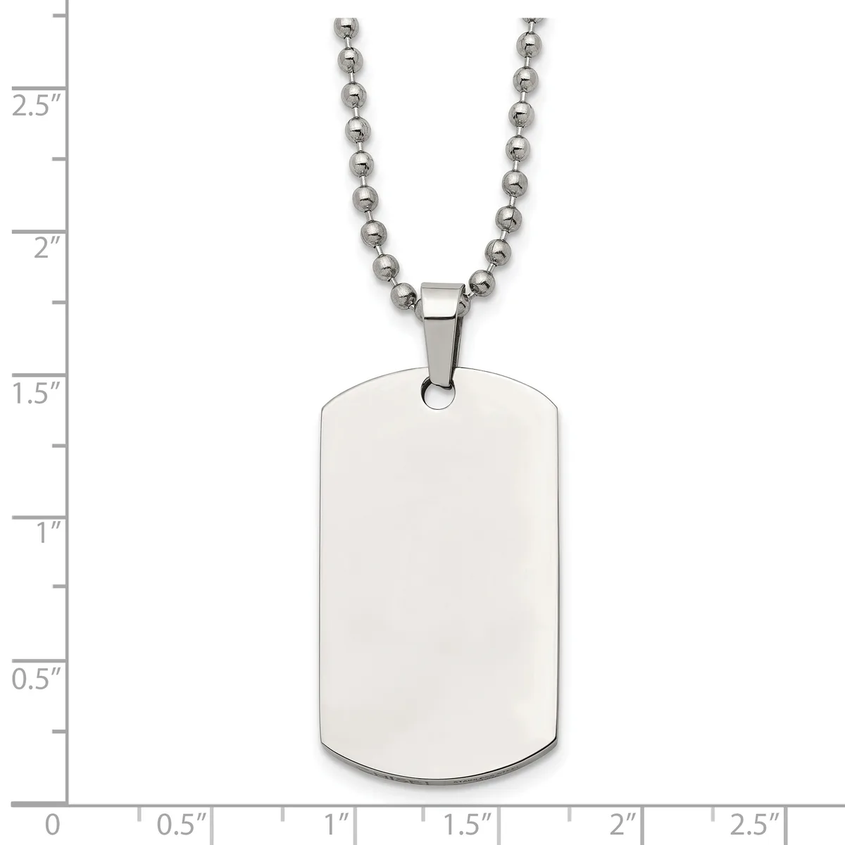 A stainless steel dog tag pendant with rounded corners hangs from a beaded chain, shown against a measurement scale indicating the tag is approximately 1.25 inches tall.
