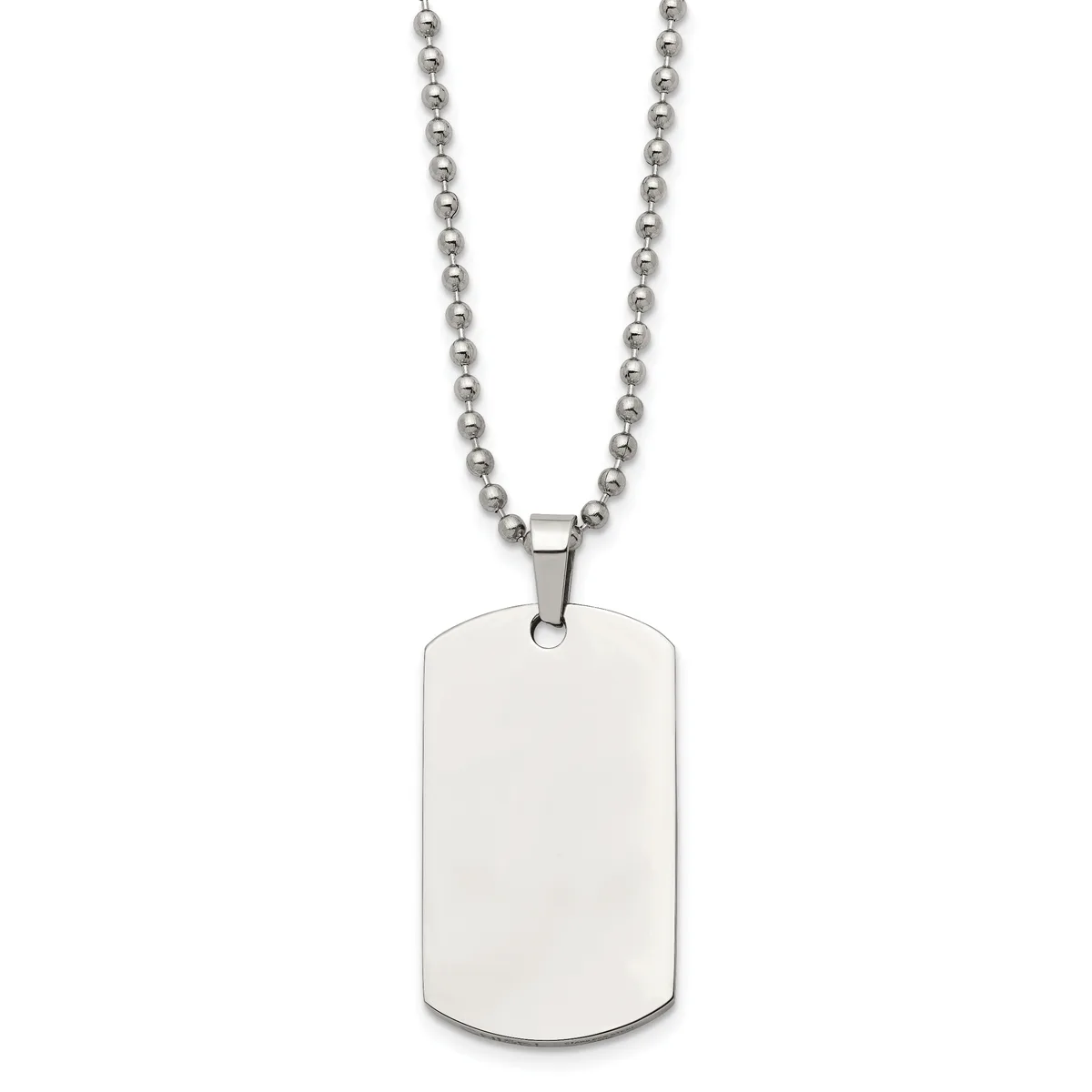 A polished stainless steel dog tag pendant with rounded corners hangs from a matching ball chain necklace.