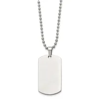 A polished stainless steel dog tag pendant with rounded corners hangs from a matching ball chain necklace.