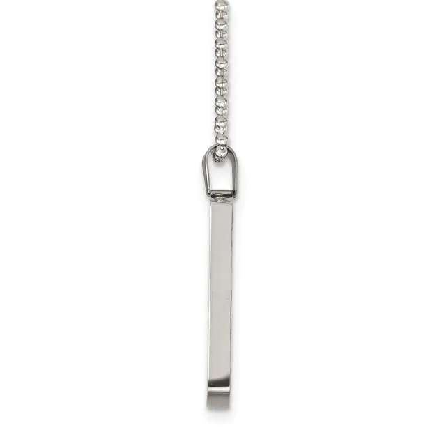 A silver rectangular pendant hangs from a thin chain, displayed against a white background.